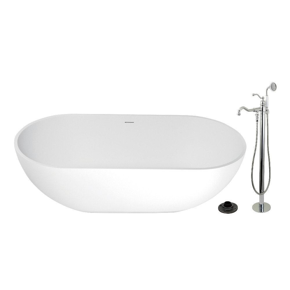 KRTRS7035131AL 70 in. Solid Surface Oval Double Ended Freestanding Tub with Faucet Combo & Drain, Polished Chrome