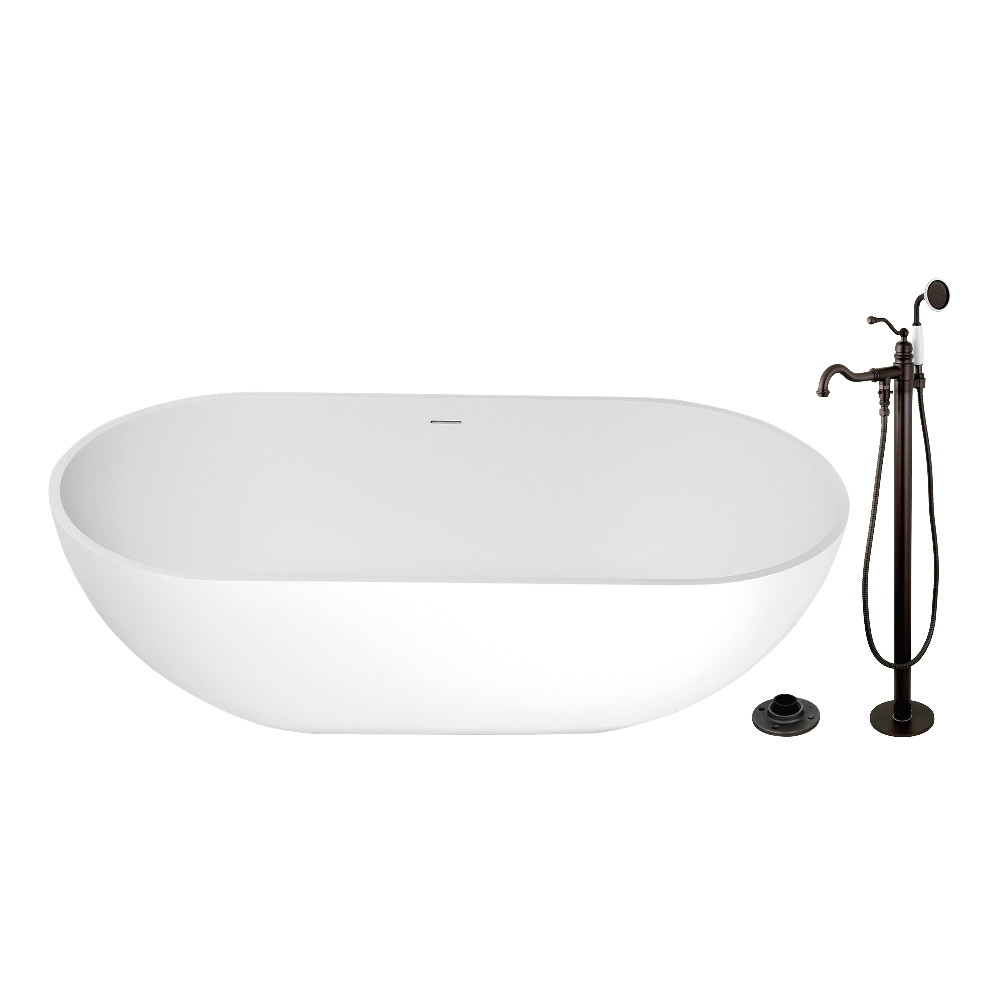 KRTRS7035135AL Solid Surface Oval Double Ended Freestanding Tub with Faucet Combo & Drain, Oil Rubbed Bronze