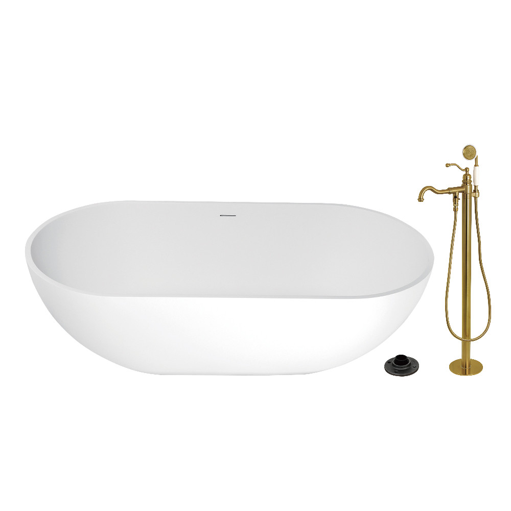 KRTRS7035137AL 70 in. Solid Surface Oval Double Ended Freestanding Tub with Faucet Combo & Drain, Brushed Brass