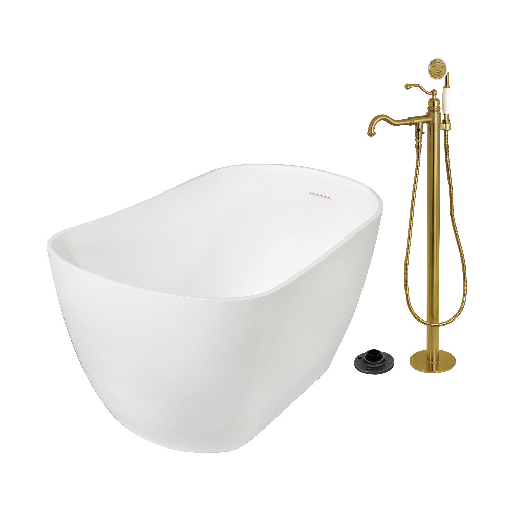 KRTSS5130137AL 51.53 x 28.37 x 24.81 in. Solid Surface Oval Single Slipper Freestanding Tub with Faucet Combo & Drain, Brushed Brass