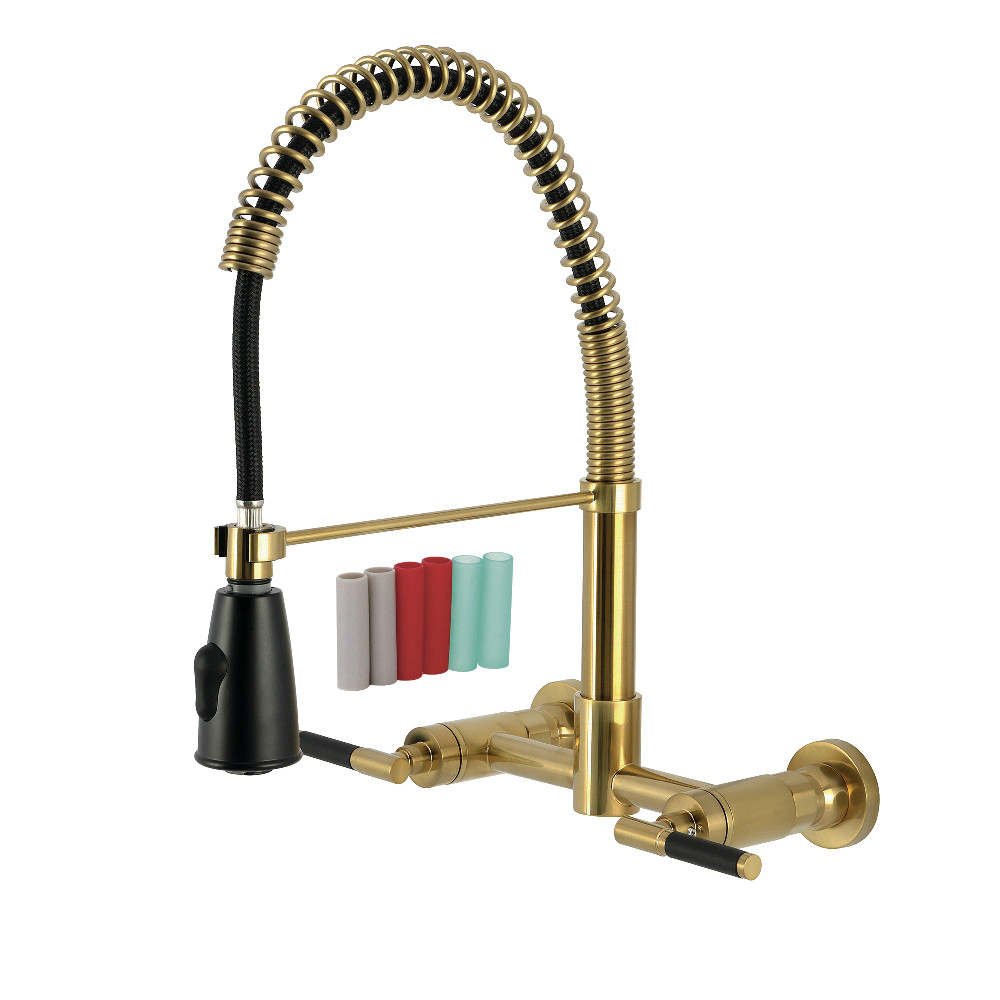 Picture of Kingston Brass GS8287CKL Kaiser Double-Handle Wall-Mount Pre-Rinse Bridge Kitchen Faucet, Brushed Brass