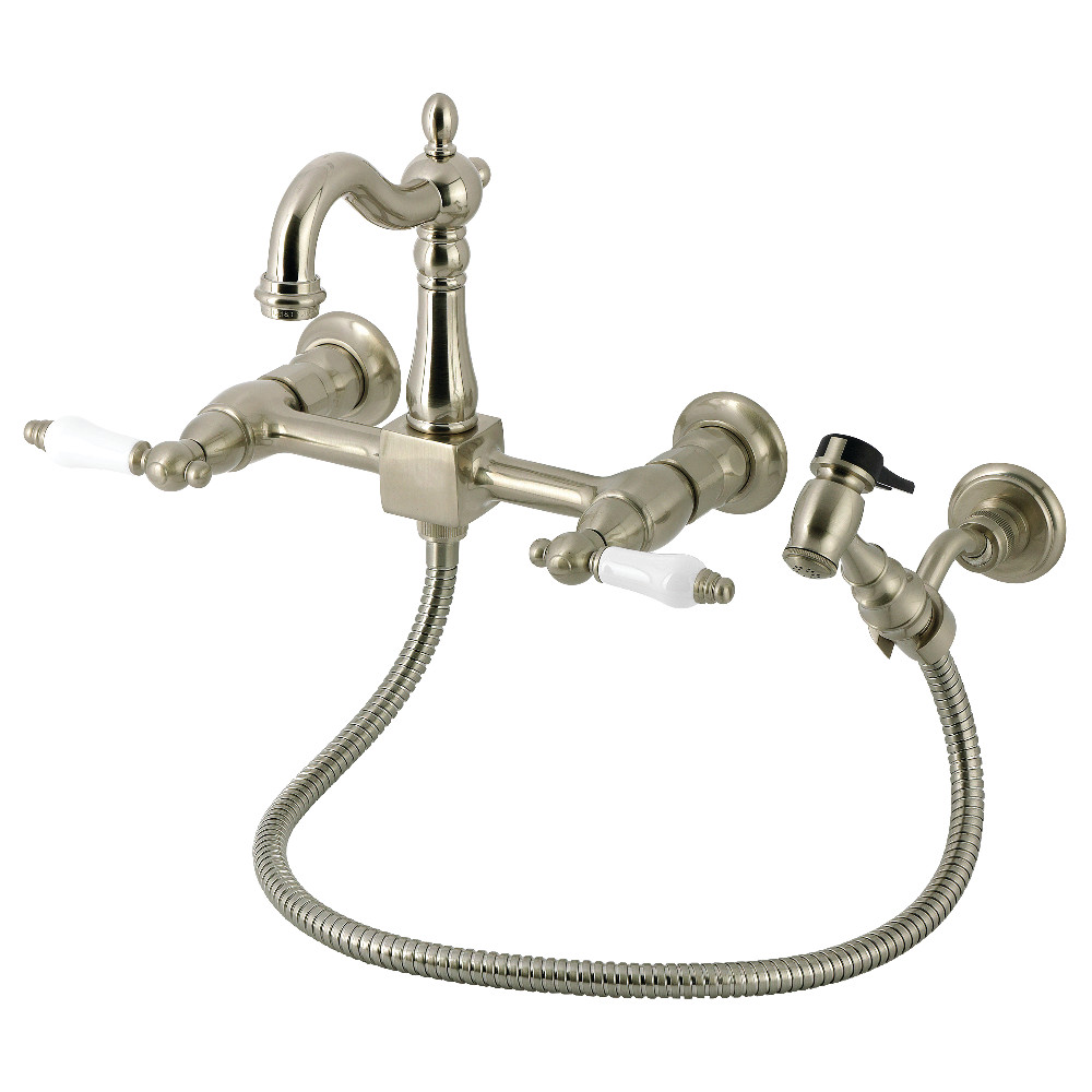 Picture of Kingston Brass KS2448PLBS Heritage Double-Handle Wall-Mount Bridge Kitchen Faucet with Brass Sprayer - Brushed Nickel