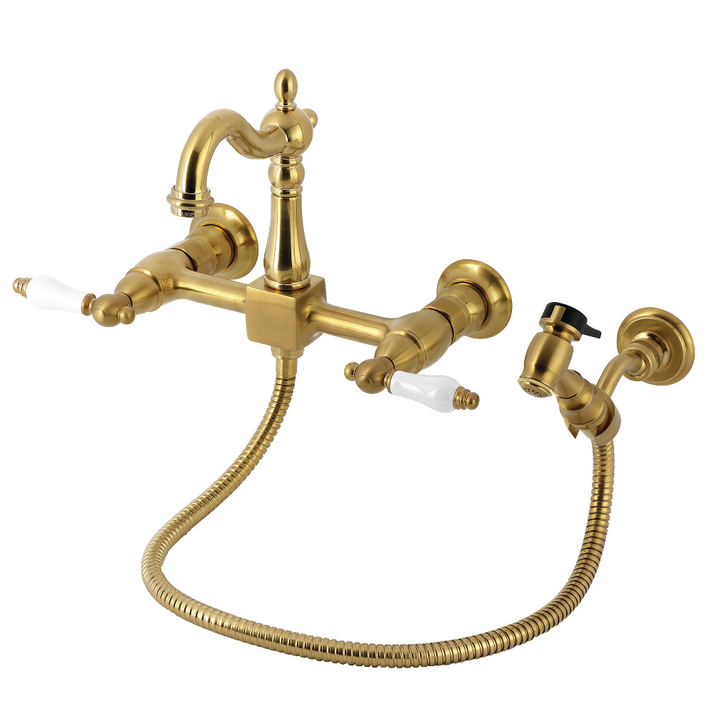 Picture of Kingston Brass KS2447PLBS Heritage Double-Handle Wall-Mount Bridge Kitchen Faucet with Brass Sprayer - Brushed Brass
