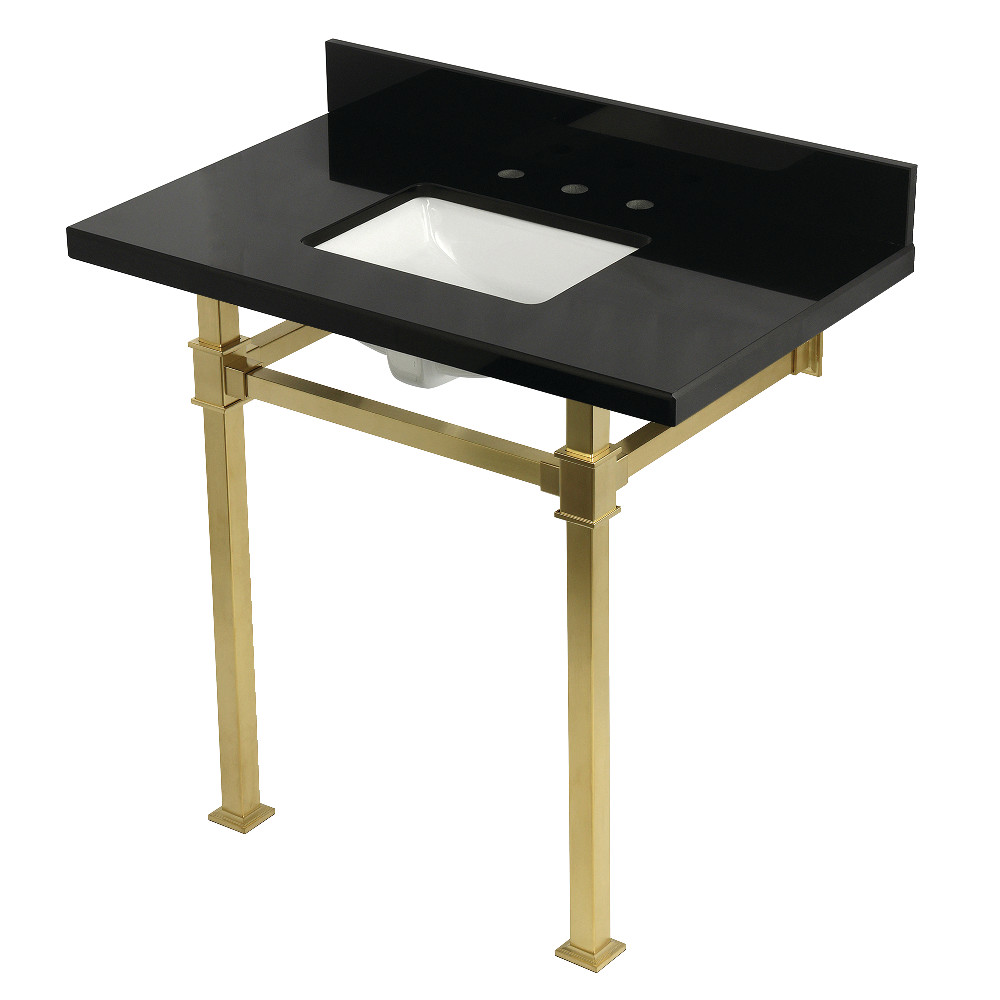 Monarch 36 in. Black Granite Console Sink with Stainless Steel Legs - Black Granite & Brushed Brass