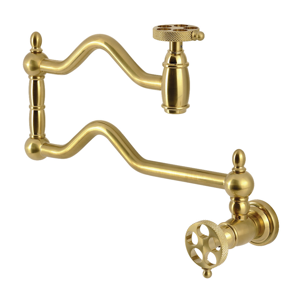 Picture of Kingston Brass KS2107RKX 25.75 x 2.18 x 9.18 in. Webb Wall Mount Pot Filler Faucet with Knurled Handle, Brushed Brass