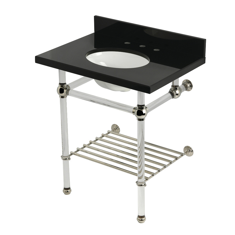 KVPK30KAB6 Templeton 30 in. Black Granite Console Sink with Acrylic Legs & Shelf, Black Granite & Polished Nickel