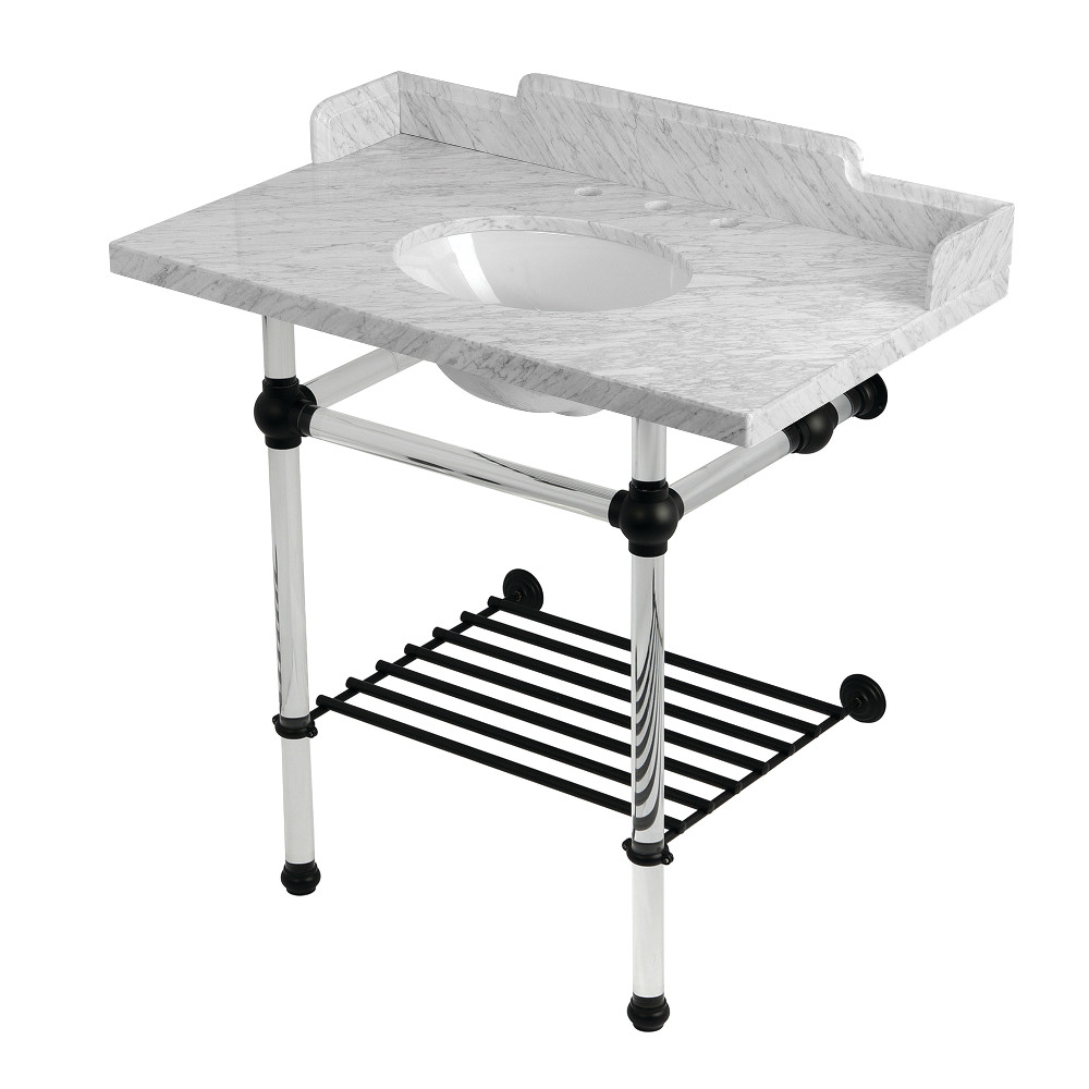 LMS36MAB0 Pemberton 36 in. Carrara Marble Console Sink with Acrylic Legs & Shelf, Carrara Marble White & Matte Black