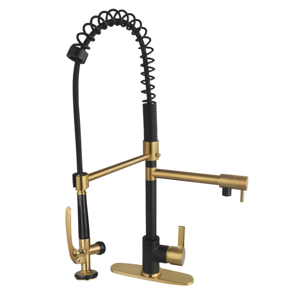 Picture of Kingston Brass LS850CTLMBBB Gourmetier Continental Single-Handle Deck-Mount Pre-Rinse Kitchen Faucet with Pot Filler - Matte Black & Brushed Brass