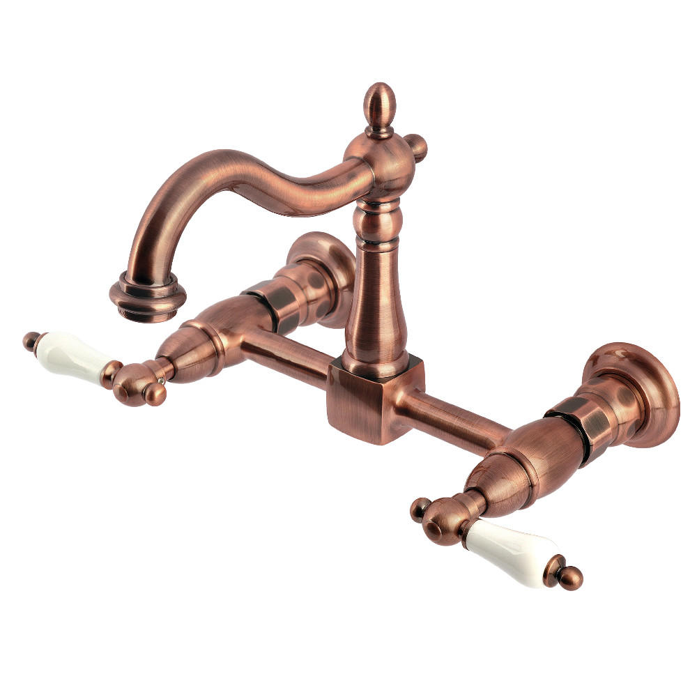 KS126PLAC 13.87L x 9.62 x 6.93 in. Heritage Double-Handle Wall-Mount Bridge Kitchen Faucet - Antique Copper