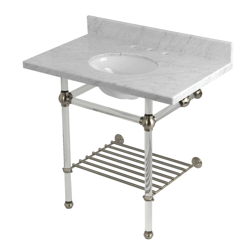 KVPB36MAB8 Templeton 36 in. Carrara Marble Console Sink with Acrylic Legs & Shelf - Carrara Marble White & Brushed Nickel