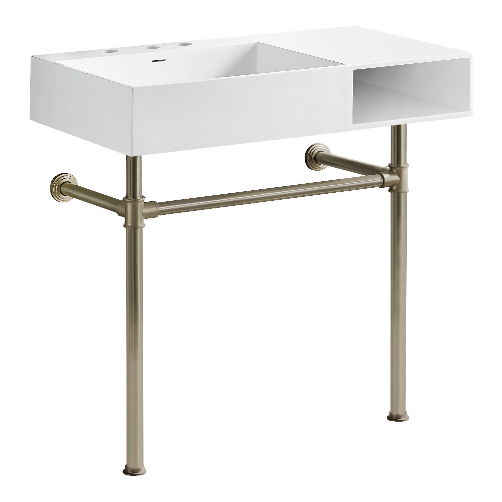KVPB3368SQA88 36.62 x 20.87 x 36.75 in. Aurelius Solid Surface Console Sink with Stainless Steel Legs, Matte White & Brushed Nickel