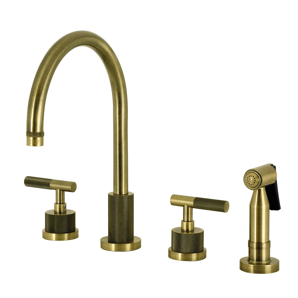 Picture of Kingston Brass KS8723KNLBS Convergent Double-Handle Widespread Kitchen Faucet with Knurled Handle & Brass Sprayer - Antique Brass