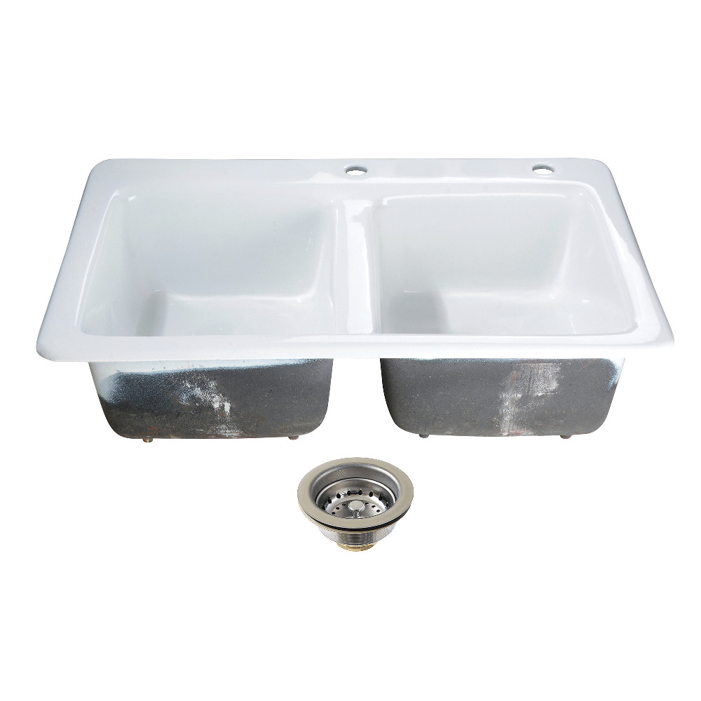 Picture of Kingston Brass KGT33229D21 33 x 22 x 9.06 in. Cast Iron Self-Rimming Double Bowl Drop-In Kitchen Sink with Basket Strainers, White & Polished Chrome