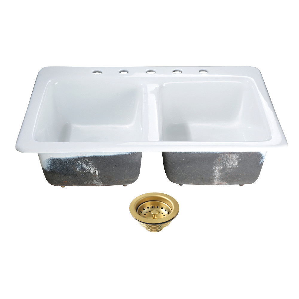 Picture of Kingston Brass KGT33229D57 Petra Galley 33 in. Cast Iron Self-Rimming Double Bowl Drop-In Kitchen Sink with Basket Strainers x 2 - White & Brushed Brass