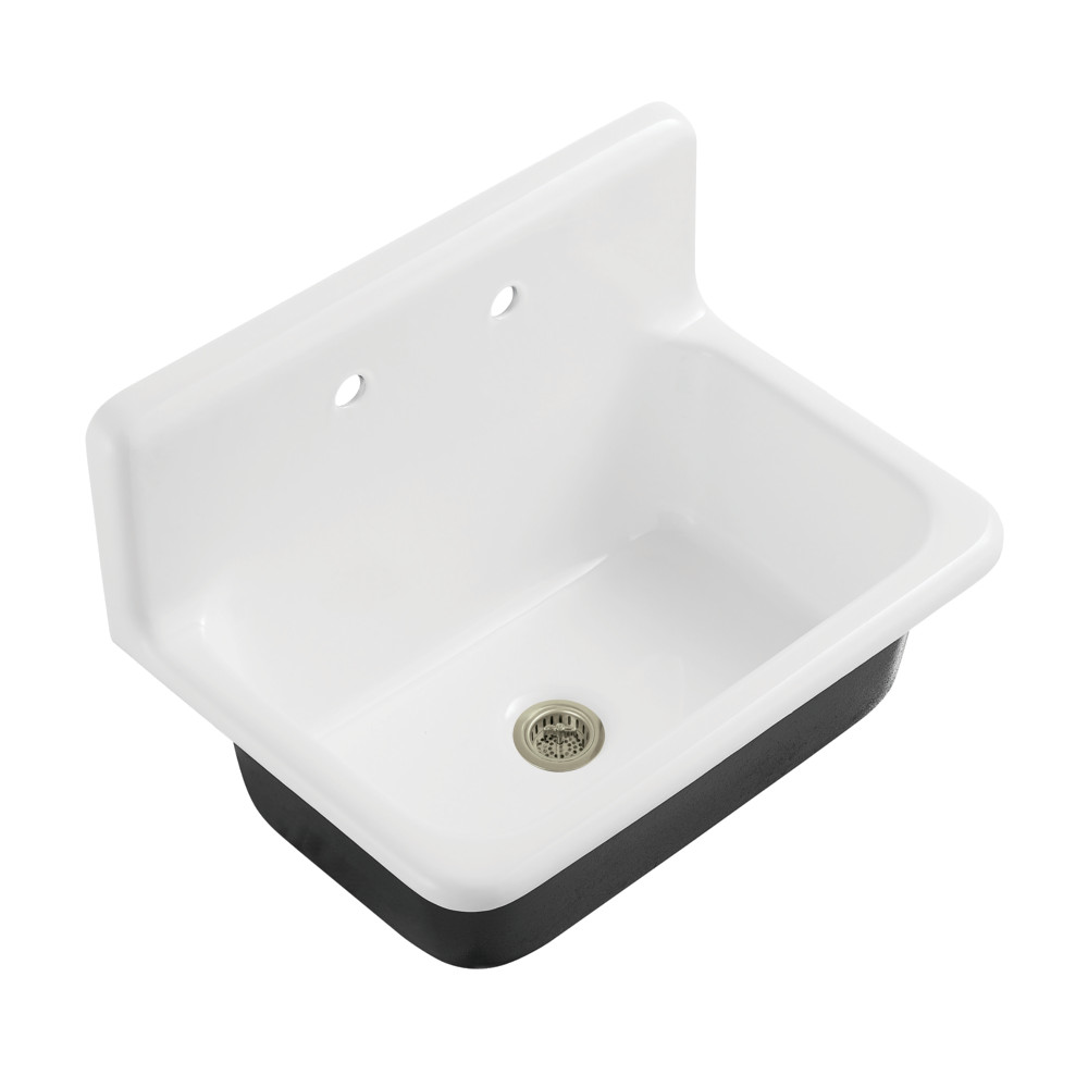 Picture of Kingston Brass KGCKWS3020108 Petra Galley 30 in. Cast Iron Single Bowl Wall Mount Kitchen Sink with Strainer - White & Brushed Nickel