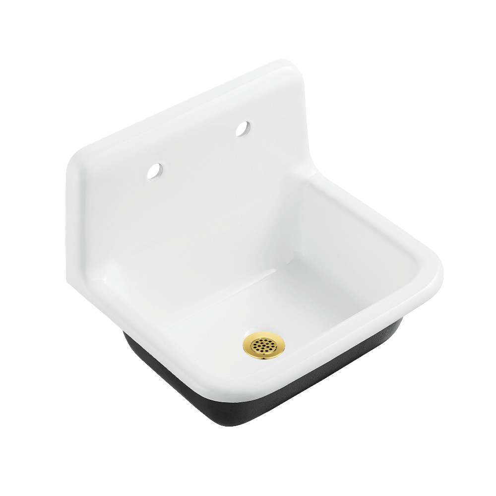 Picture of Kingston Brass KGCLWS221877 Petra Galley 22 in. Cast Iron Single Bowl Wall Mount Utility Sink with Drain - White & Brushed Brass