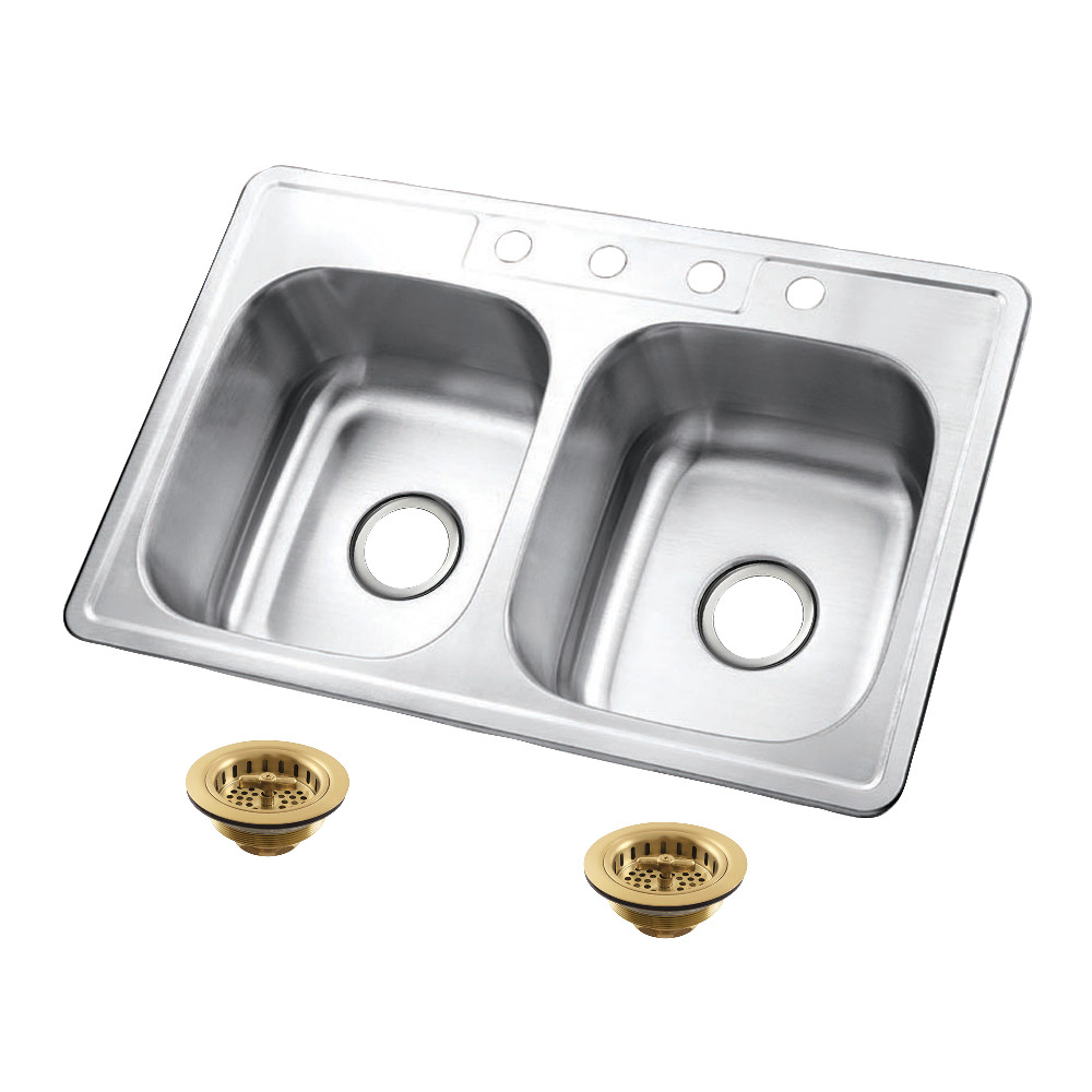 Picture of Kingston Brass KGKTD332277 33 x 22 x 7.31 in. Studio Stainless Steel Self-Rimming Double Bowl Drop-In Kitchen Sink with Strainer - Stainless Steel & Brushed Brass