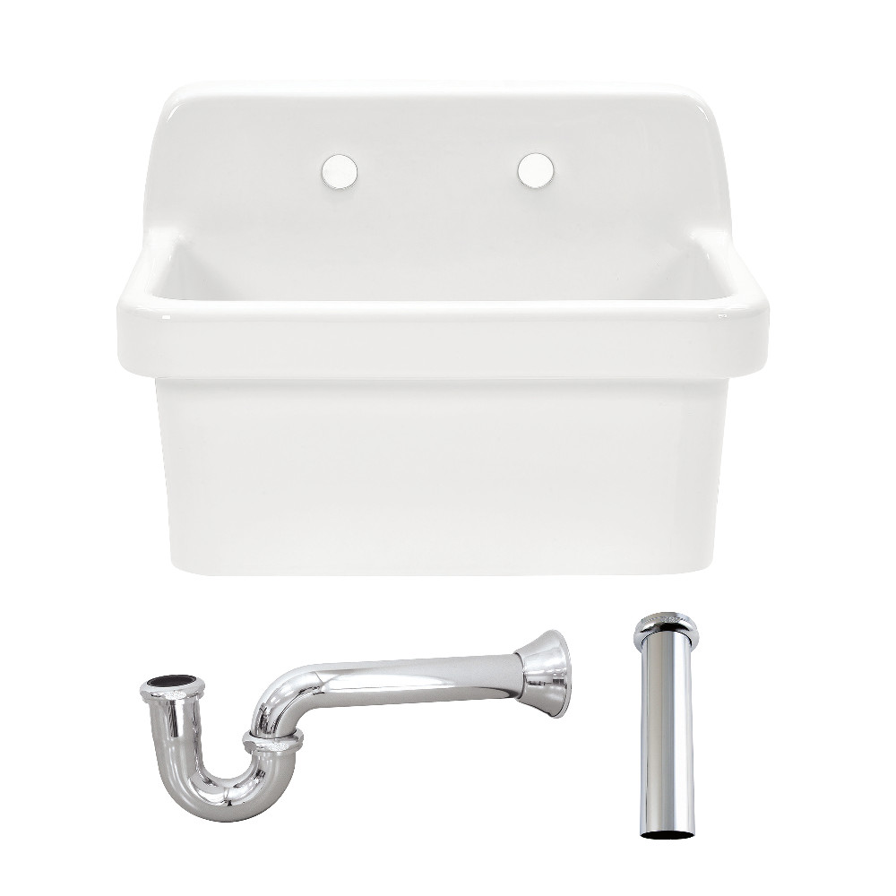 Picture of Kingston Brass KGPKWS2419171 Doriteal 24 in. Ceramic Single Bowl Wall Mount Kitchen Sink with Strainer - White & Polished Chrome