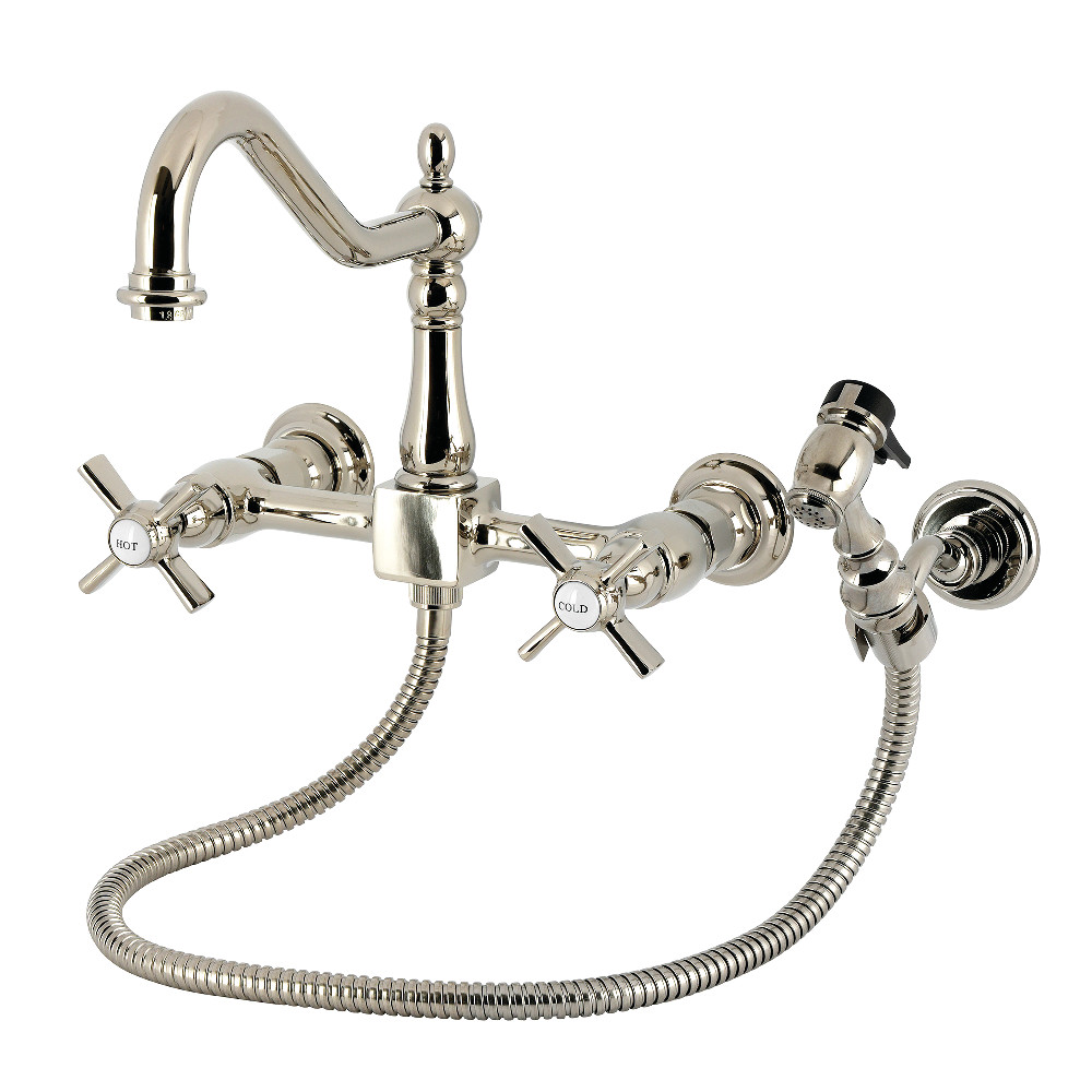 Picture of Kingston Brass KS1246ZXBS Millennium Double-Handle Wall-Mount Bridge Kitchen Faucet with Brass Sprayer - Polished Nickel