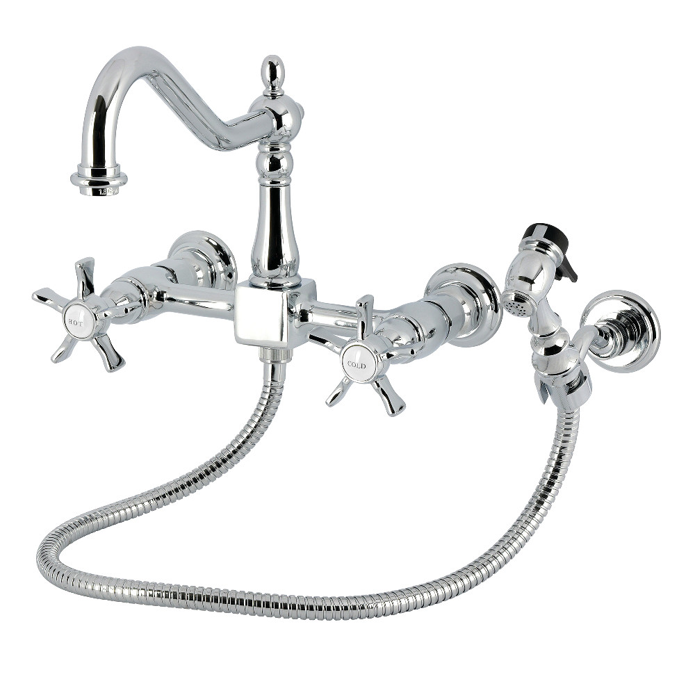 Picture of Kingston Brass KS1241NXBS Hamilton Double-Handle Wall-Mount Bridge Kitchen Faucet with Brass Sprayer - Polished Chrome
