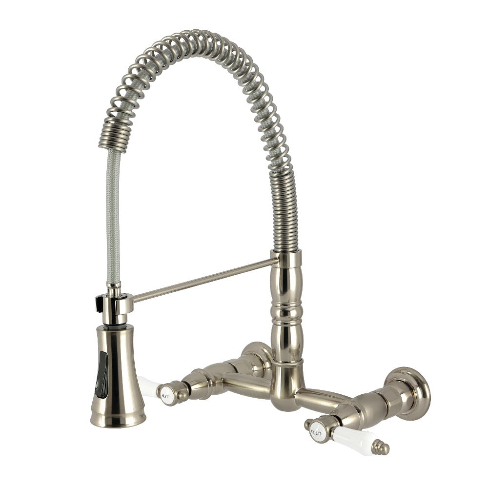 Picture of Kingston Brass GS1248BPL Bel-Air Double-Handle Wall-Mount Pre-Rinse Bridge Kitchen Faucet - Brushed Nickel
