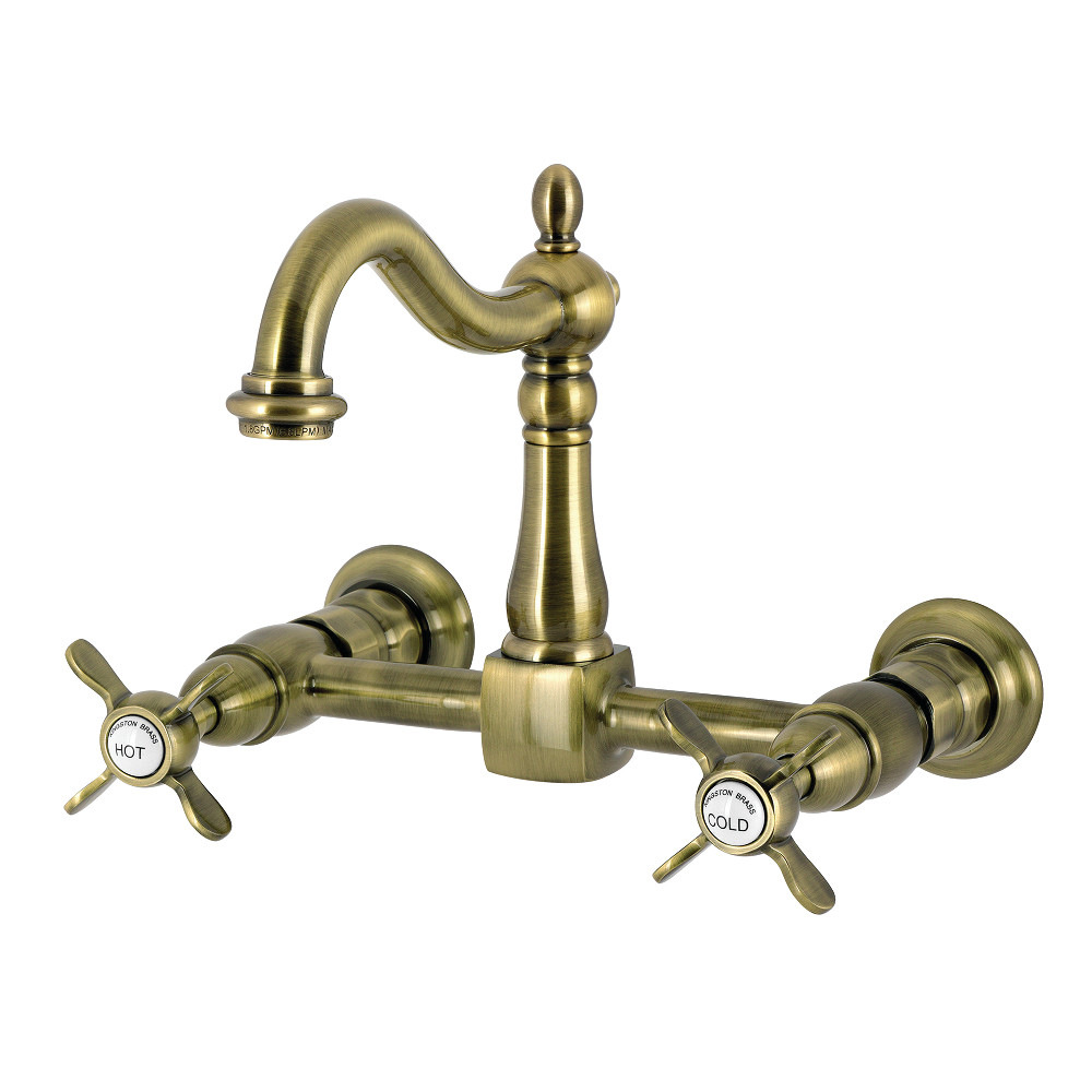 Two-Handle Wall Mount Bridge Kitchen Faucet, Antique Brass