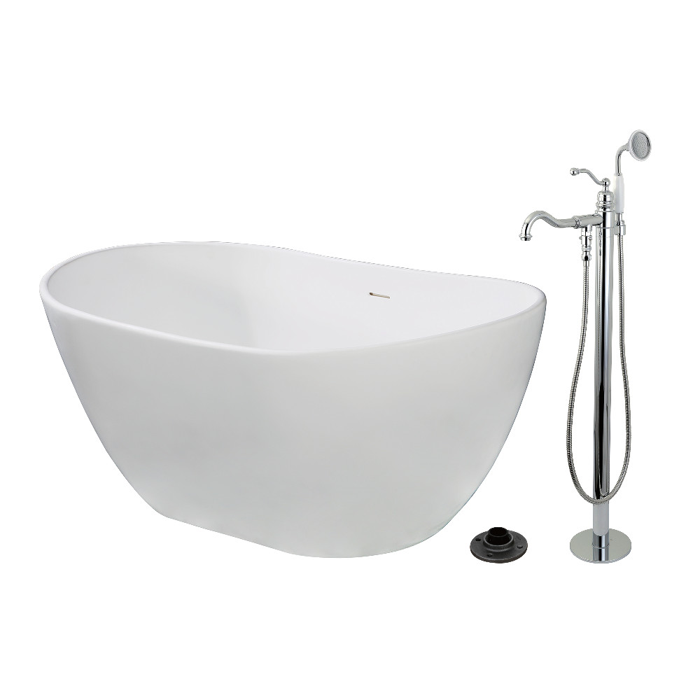 KRTRS5732131AL 57 in. Solid Surface Oval Double Slipper Freestanding Tub with Faucet Combo & Drain - Polished Chrome