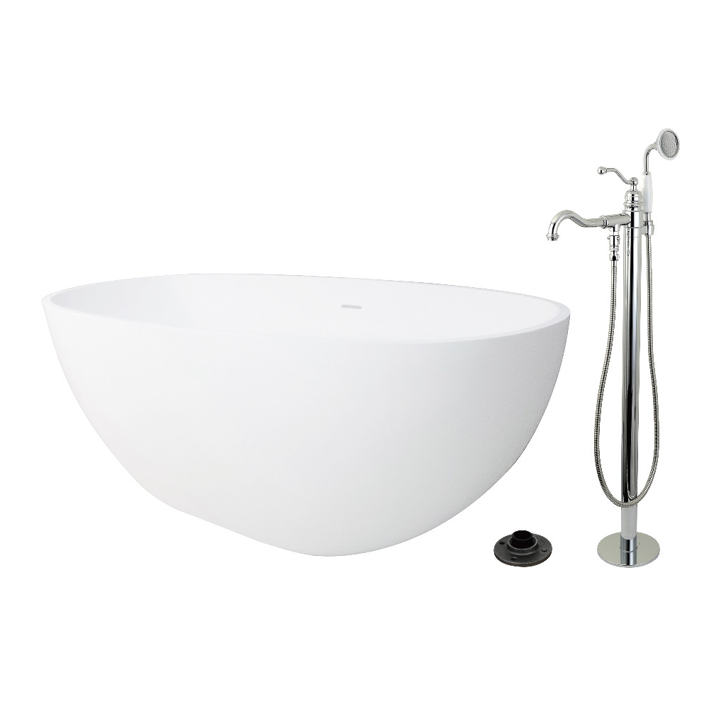 KRTRS6531131AL 64.93 x 31.87 x 22.43 in. Solid Surface Oval Double Ended Freestanding Tub with Faucet Combo & Drain, Polished Chrome