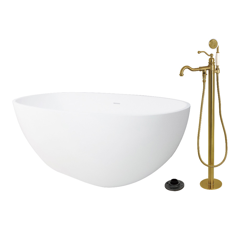 KRTRS6531137AL 65 in. Solid Surface Oval Double Ended Freestanding Tub with Faucet Combo & Drain - Brushed Brass
