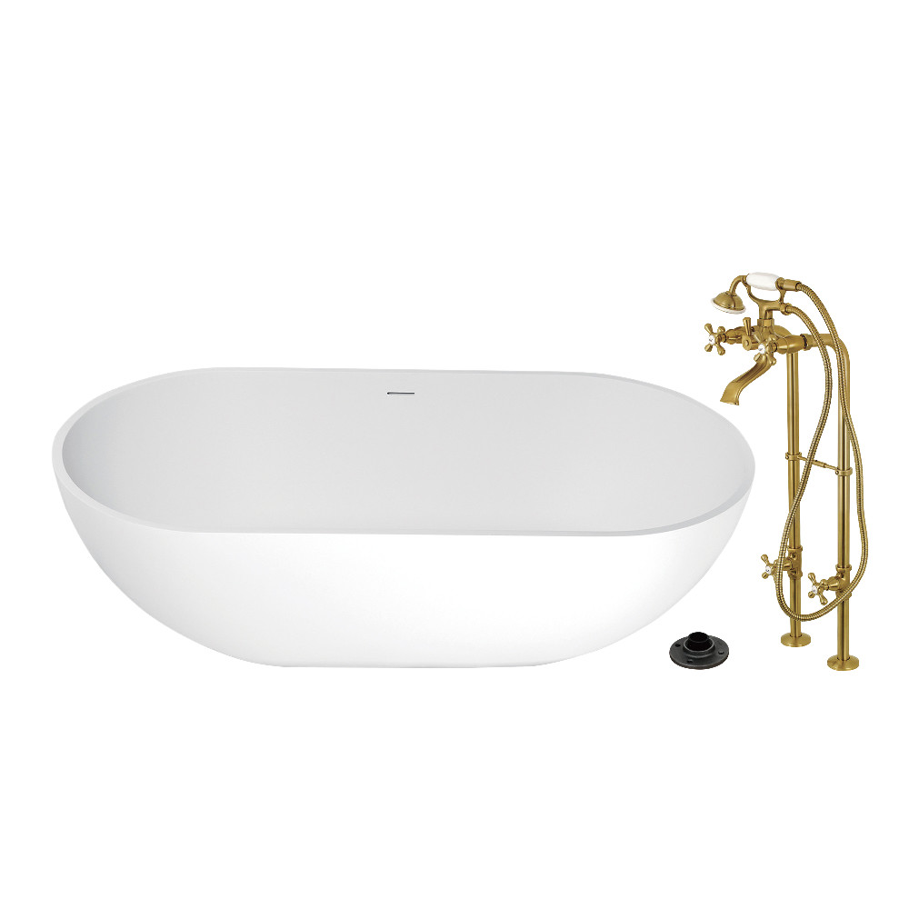 KRTRS7035266K7 70 in. Solid Surface Oval Double Ended Freestanding Tub with Faucet Combo & Drain - Brushed Brass