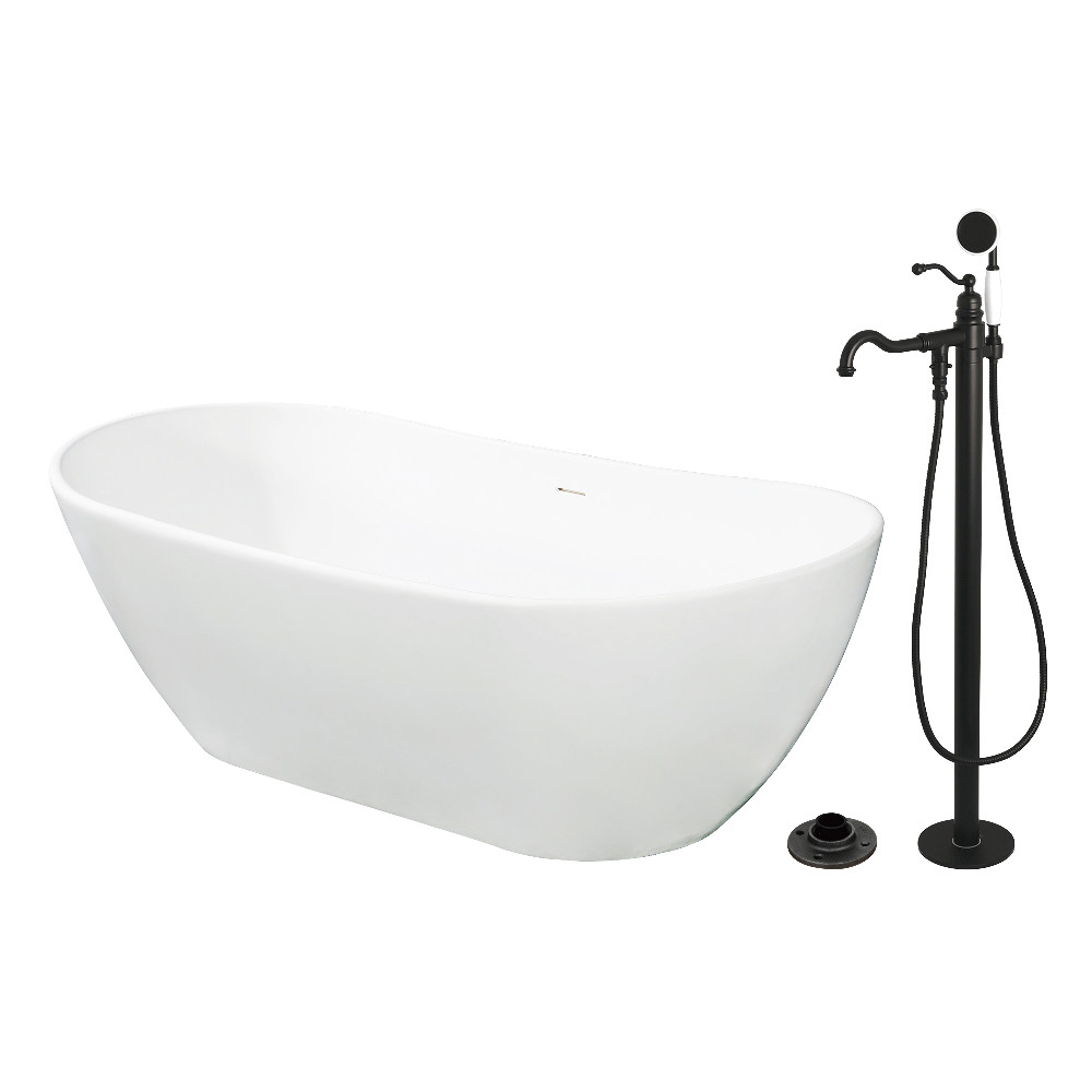 KRTRS7232130AL 72 in. Solid Surface Oval Double Ended Freestanding Tub with Faucet Combo & Drain - Matte Black