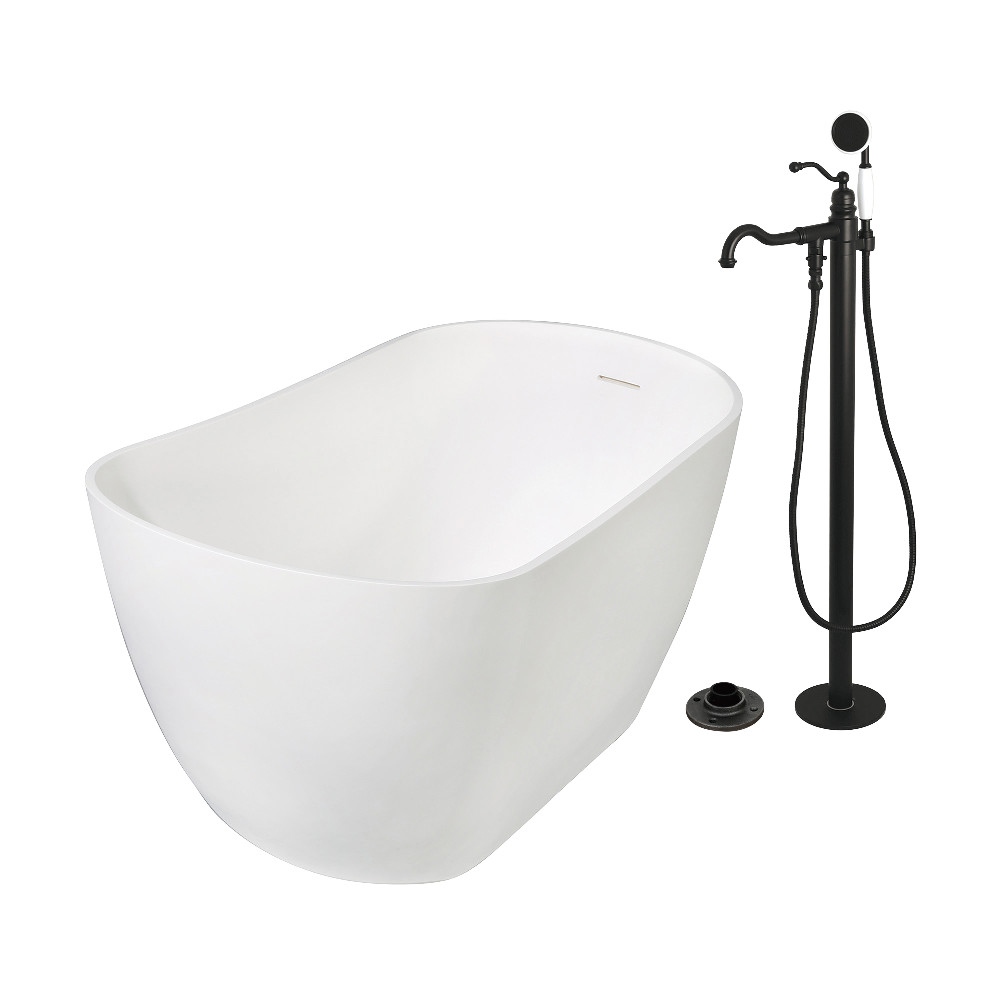 KRTSS5130130AL 51 in. Solid Surface Oval Single Slipper Freestanding Tub with Faucet Combo & Drain - Matte Black