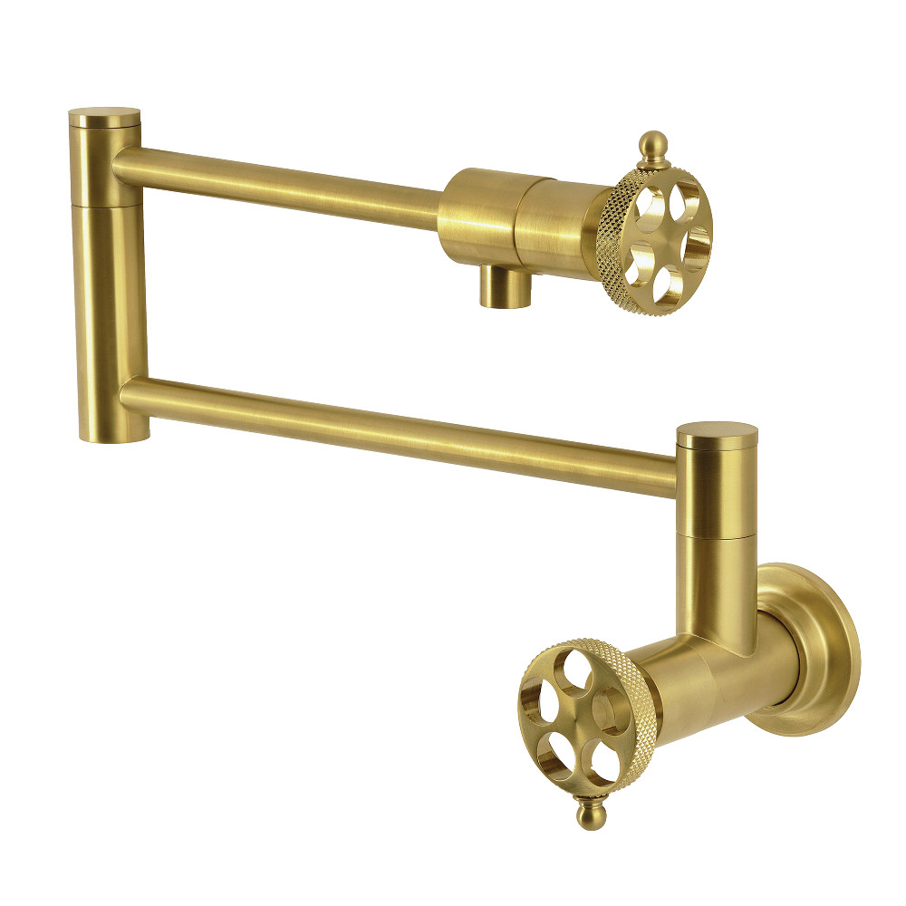 Picture of Kingston Brass KS4107RKX Maximum 23.68 in. Spout Reach Webb Wall Mount Pot Filler Faucet with Knurled Handle - Brushed Brass