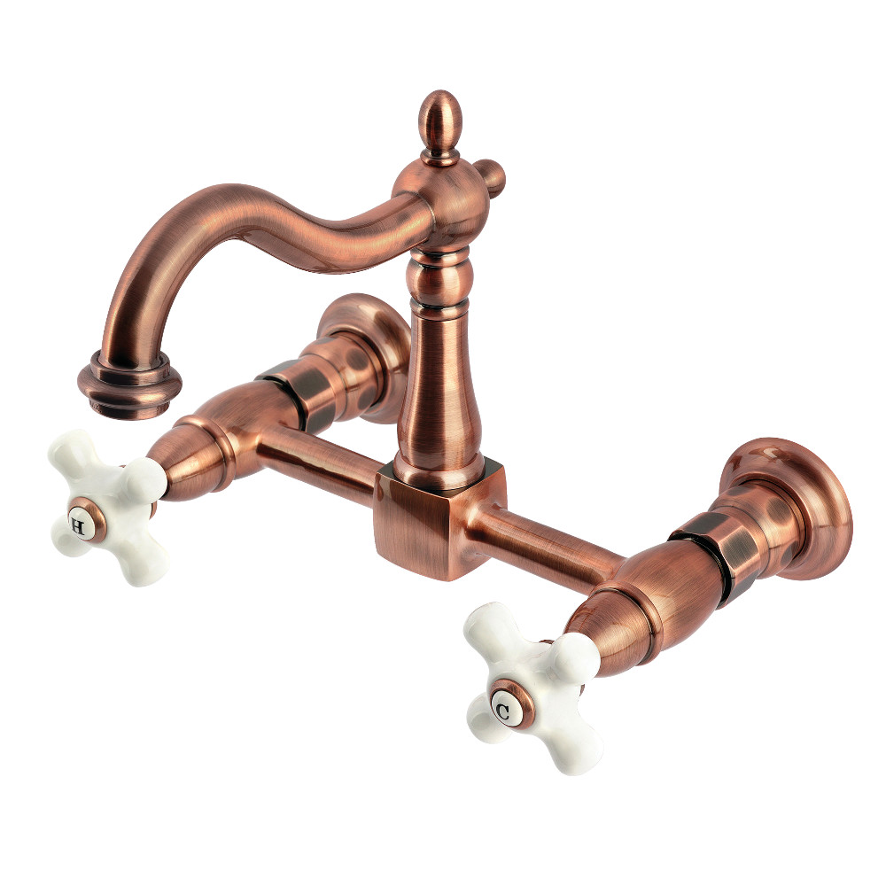 KS126PXAC 10.18 x 9.68 x 6.93 in. Heritage Double-Handle Wall-Mount Bridge Kitchen Faucet - Antique Copper
