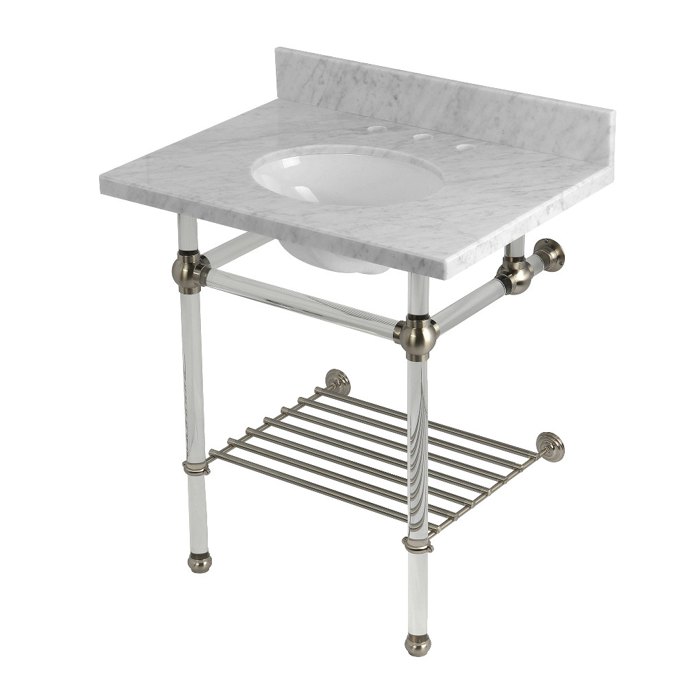 Templeton 30in. Carrara Marble Console Sink - White & Brushed Nickel - Elegant Design