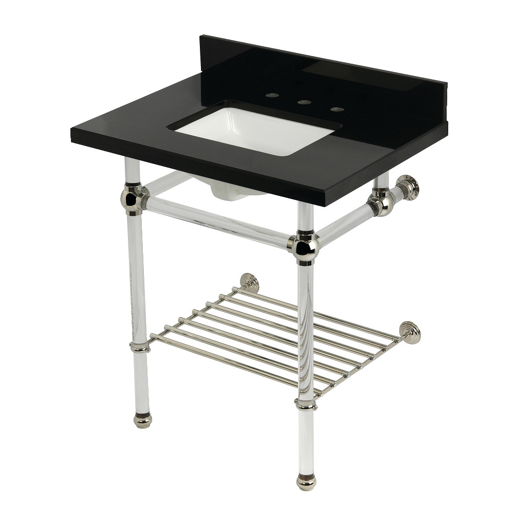 KVPK30KASQB6 Templeton 30 in. Black Granite Console Sink with Acrylic Legs & Shelf - Black Granite & Polished Nickel
