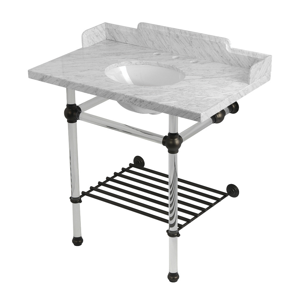 LMS36MAB5 Pemberton 36 in. Carrara Marble Console Sink with Acrylic Legs & Shelf - Carrara Marble White & Oil Rubbed Bronze
