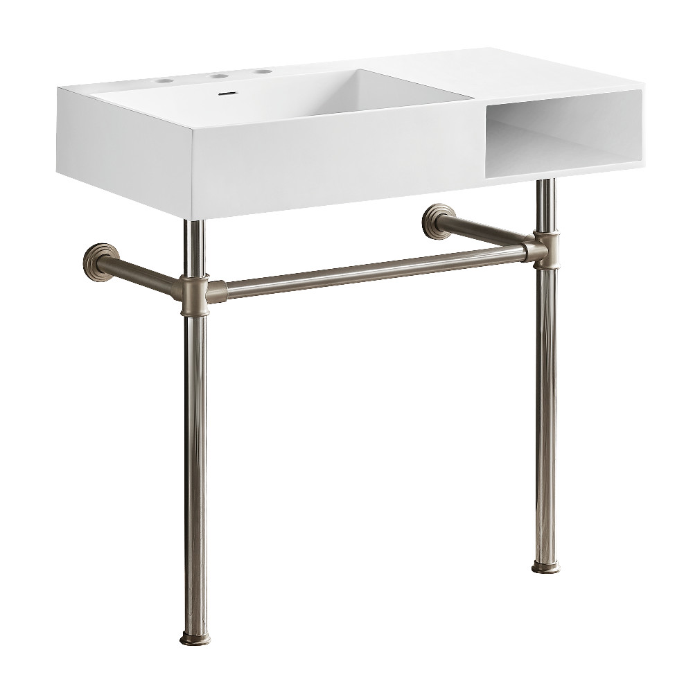 KVPB3368SQA8 36.62 x 20.87 x 36.75 in. Aurelius Solid Surface Console Sink with Stainless Steel Legs - Matte White & Brushed Nickel