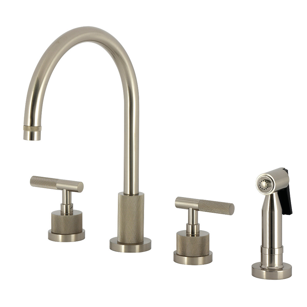 Picture of Kingston Brass KS8728KNLBS Convergent Double-Handle Widespread Kitchen Faucet with Knurled Handle & Brass Sprayer - Brushed Nickel