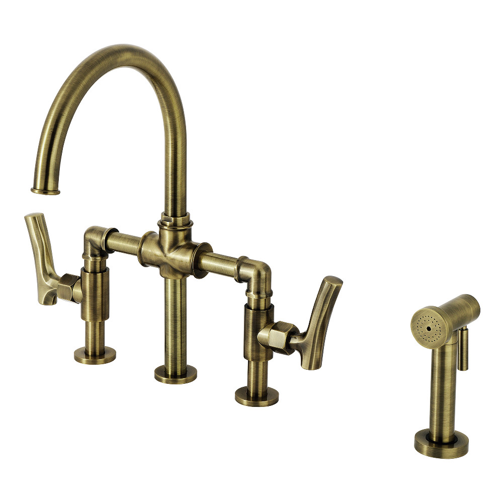 Picture of Kingston Brass KS2333TKL Hallerbos Bridge Kitchen Faucet with Brass Side Sprayer - Antique Brass