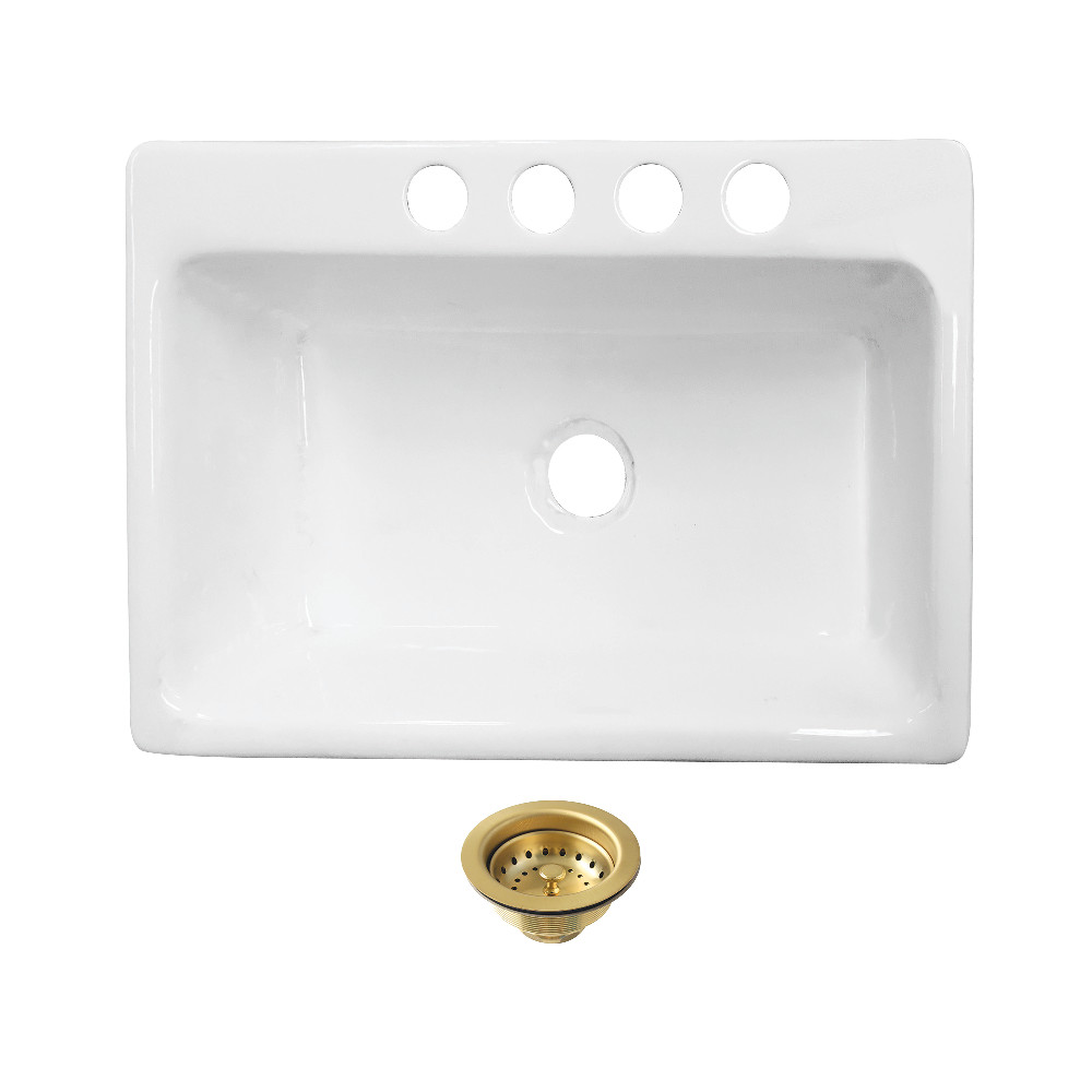 Picture of Kingston Brass KGCKUS332297 Towne 33 in. Cast Iron Single Bowl Undermount Kitchen Sink with Strainer - White & Brushed Brass
