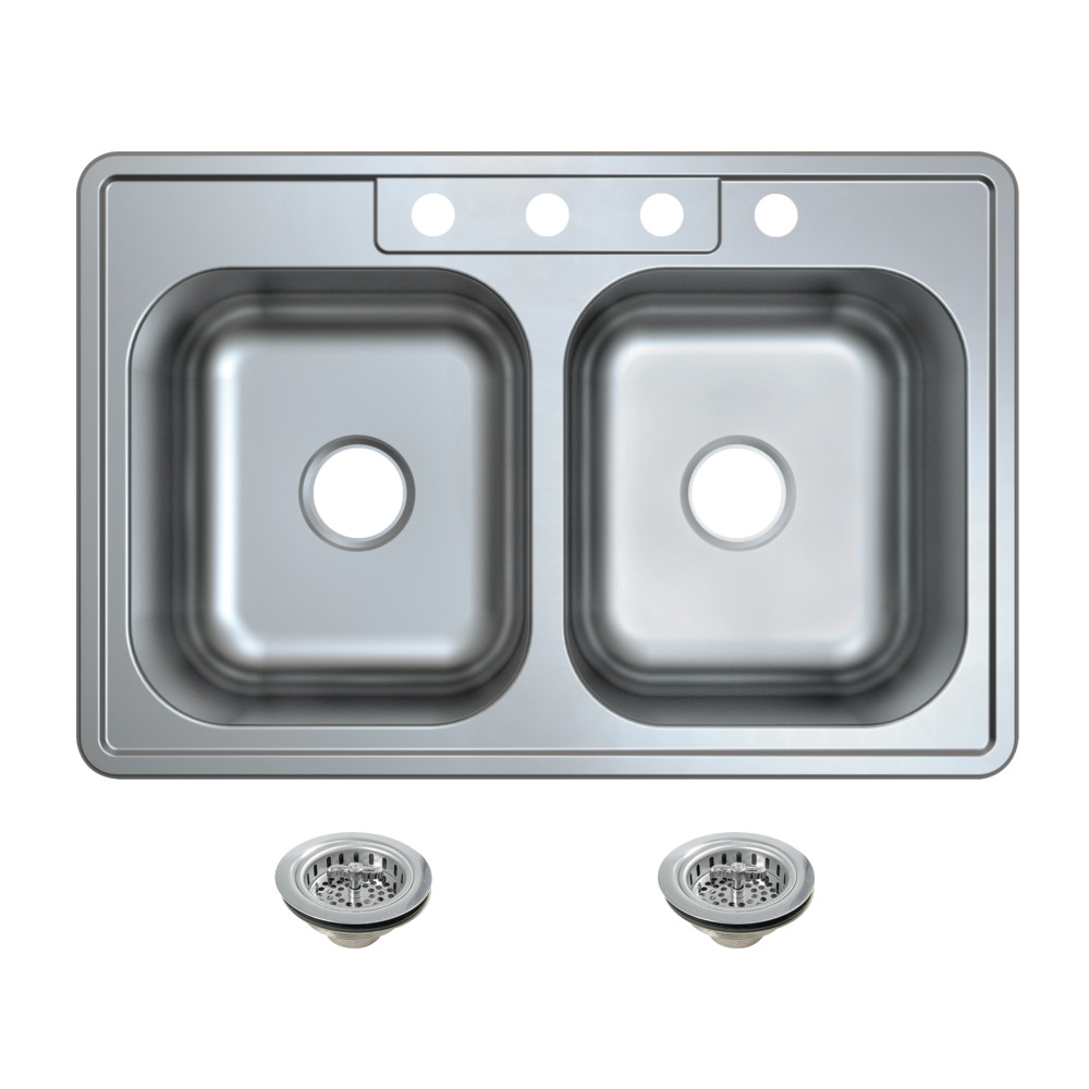 KGKTD332281 Studio 33 in. Stainless Steel Self-Rimming Double Bowl Drop-In Kitchen Sink with Strainer - Stainless Steel & Polished Chrome