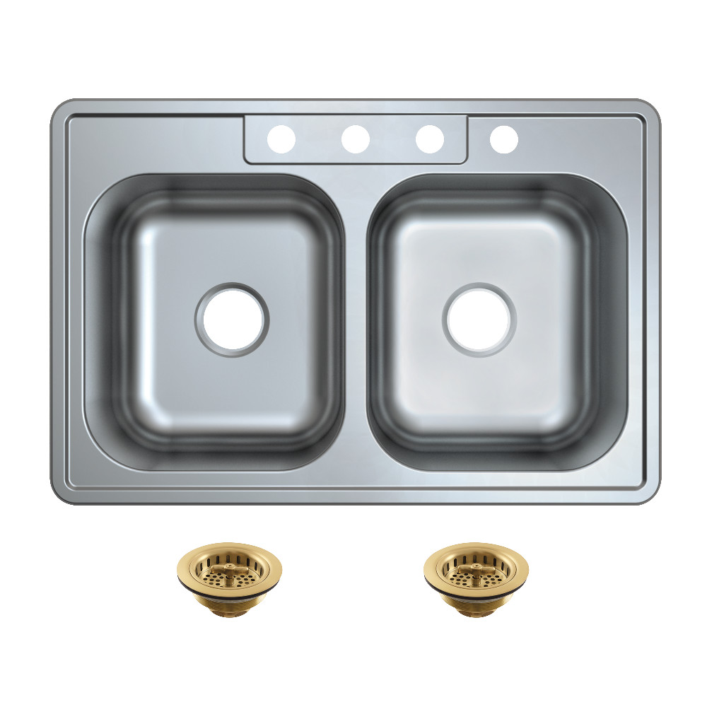 Picture of Kingston Brass KGKTD332287 33 x 22 x 8.31 in. Studio Stainless Steel Self-Rimming Double Bowl Drop-In Kitchen Sink with Strainer - Stainless Steel & Brushed Brass