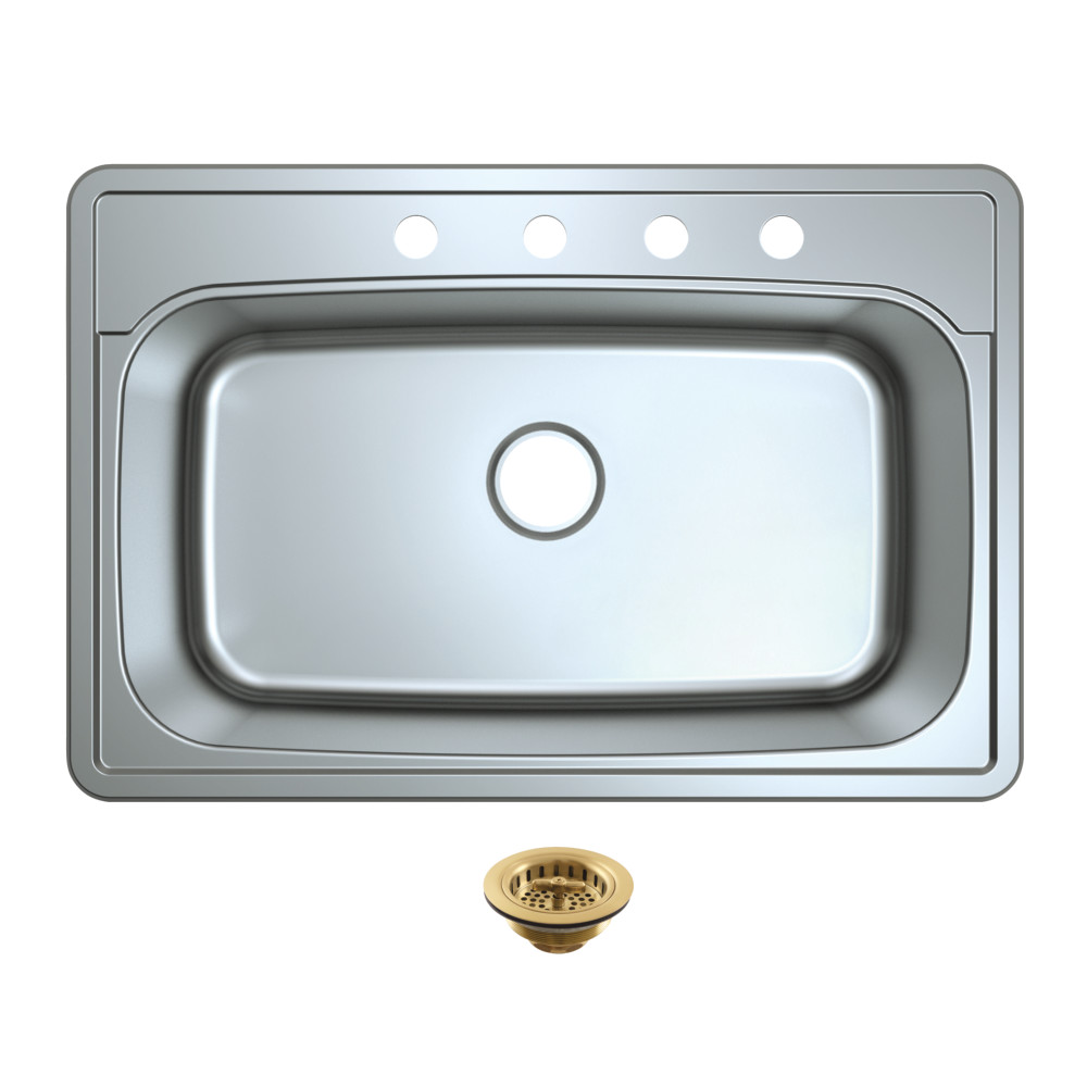 Picture of Kingston Brass KGKTS3322907 Studio 33 in. Stainless Steel Self-Rimming Single Bowl Drop-In Kitchen Sink with Strainer - Stainless Steel & Brushed Brass