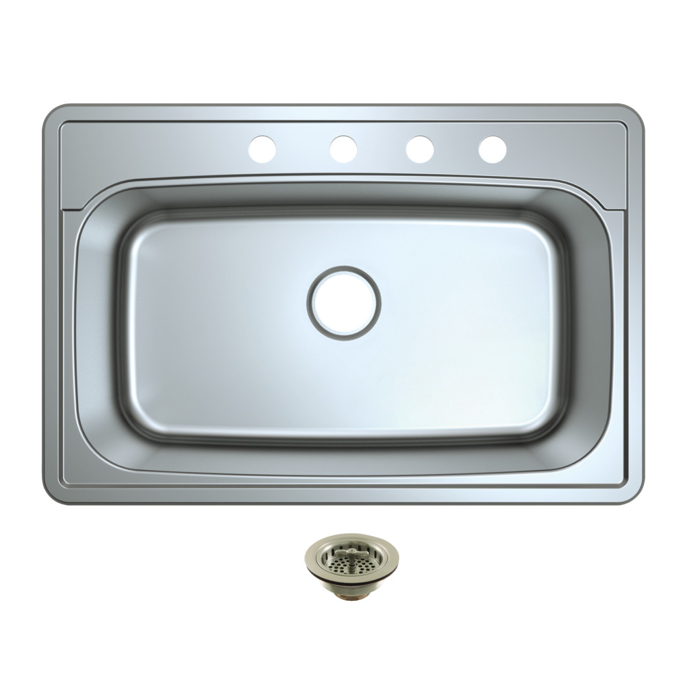 Picture of Kingston Brass KGKTS3322908 33 in. Stainless Steel Self-Rimming Single Bowl Drop-In Kitchen Sink with Strainer - Stainless Steel & Brushed Nickel