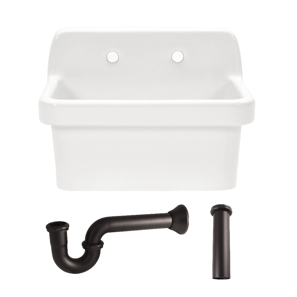 Picture of Kingston Brass KGPKWS2419175 Doriteal 24 in. Ceramic Single Bowl Wall Mount Kitchen Sink with Strainer - White & Oil Rubbed Bronze