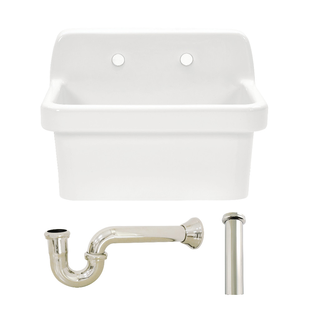 Picture of Kingston Brass KGPKWS2419176 Doriteal 24 in. Ceramic Single Bowl Wall Mount Kitchen Sink with Strainer - White & Polished Nickel