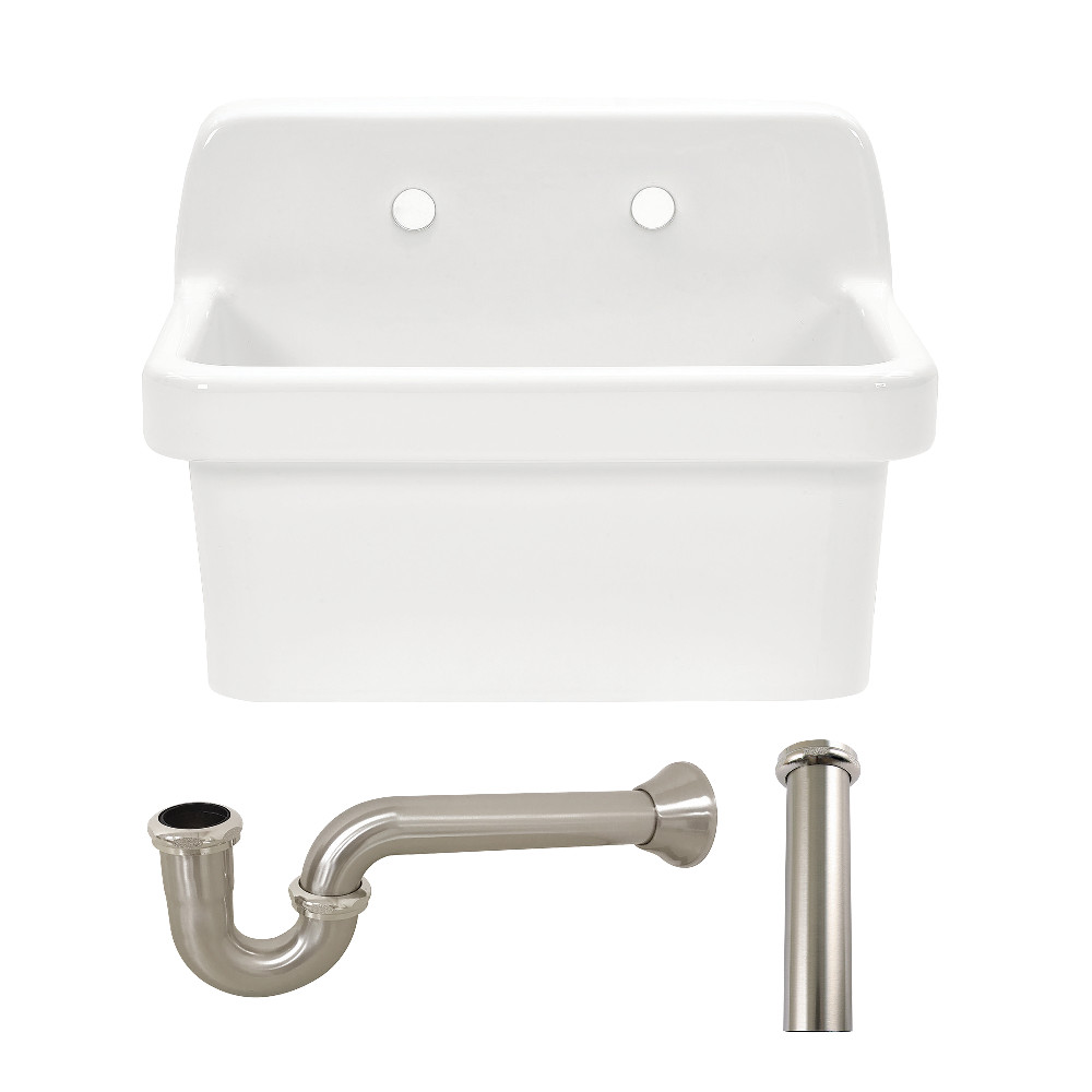 Picture of Kingston Brass KGPKWS2419178 Doriteal 24 in. Ceramic Single Bowl Wall Mount Kitchen Sink with Strainer - White & Brushed Nickel