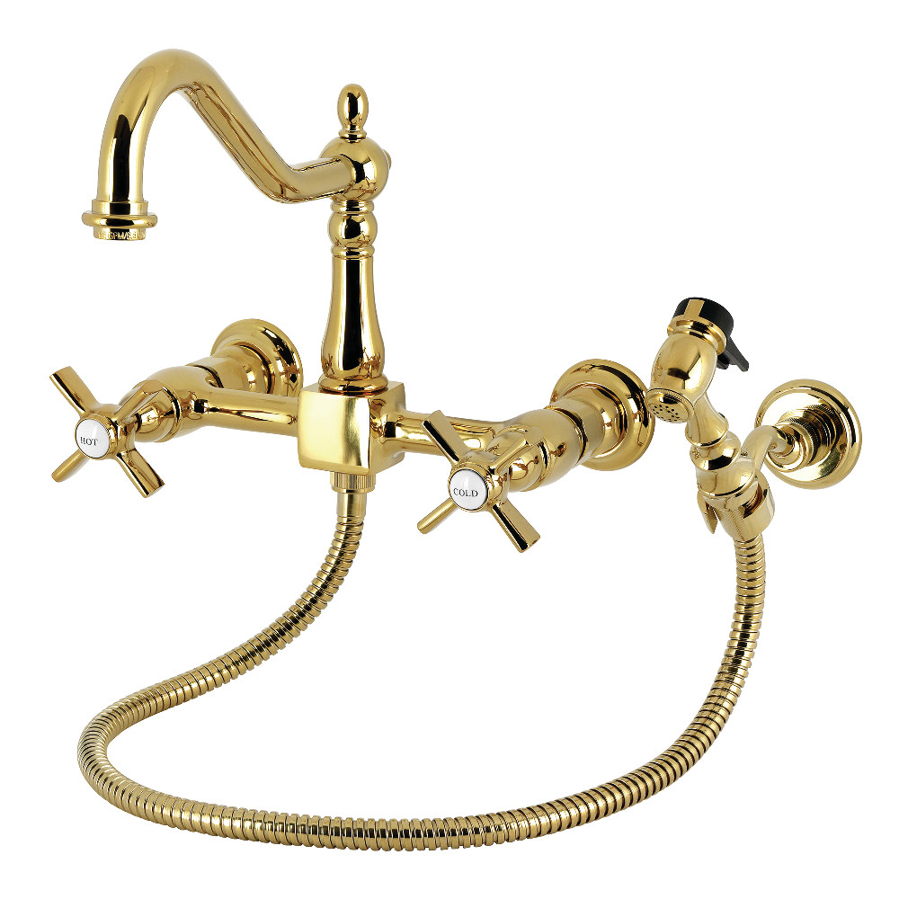 Picture of Kingston Brass KS1242ZXBS Millennium Double-Handle Wall-Mount Bridge Kitchen Faucet with Brass Sprayer - Polished Brass