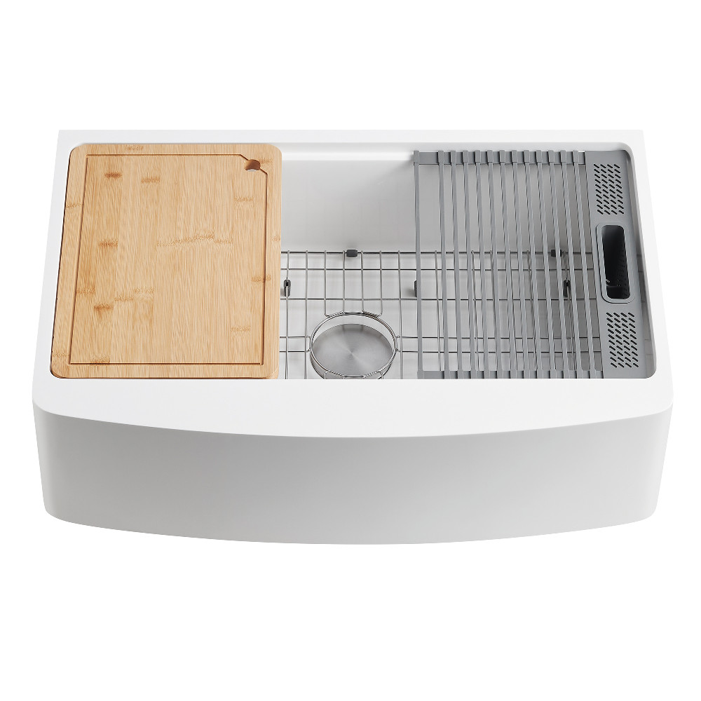 Picture of Kingston Brass GKKA33229 33 in. Solid Surface White Stone Apron-Front Single Bowl Farmhouse Kitchen Sink with Accessory Set - Glossy White